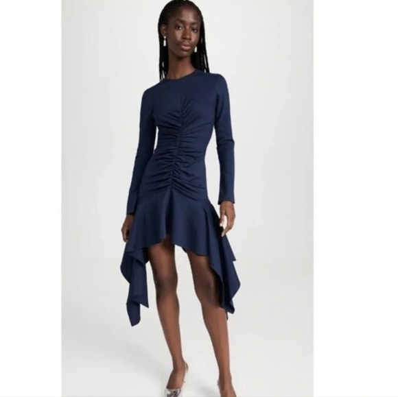 AKNVAS  Ruched Blue Long Sleeve Draped Asymmetrical Midi Dress Size 0 - Picture 1 of 9